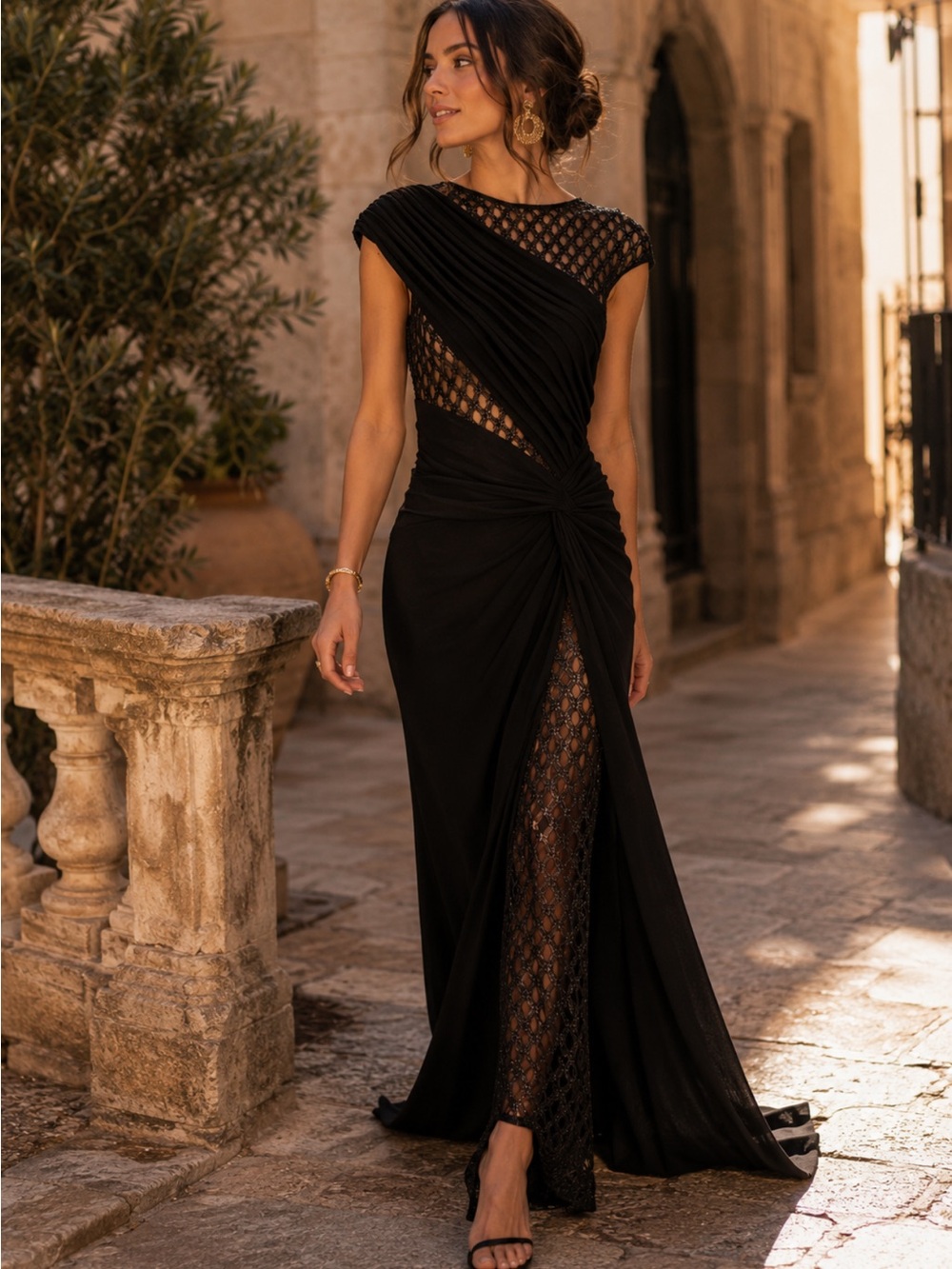 ✨NEW✨ Tadashi Shoji Jetta Peek a Boo Illusion Gown Black Cap Sleeve Maxi Dress